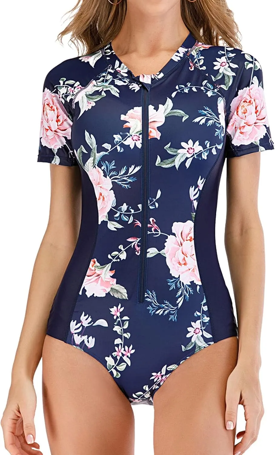 Lu's Chic Women's Rash Guard Zip Wetsuit Long Torso Swimsuit Surf Swimwear One Piece Sleeveless