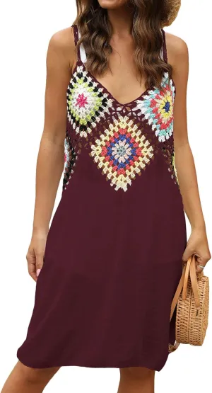 Lu's Chic Women's Summer Dress V Neck Sundress Casual Backless Sexy Floral Spaghetti Strap Knit