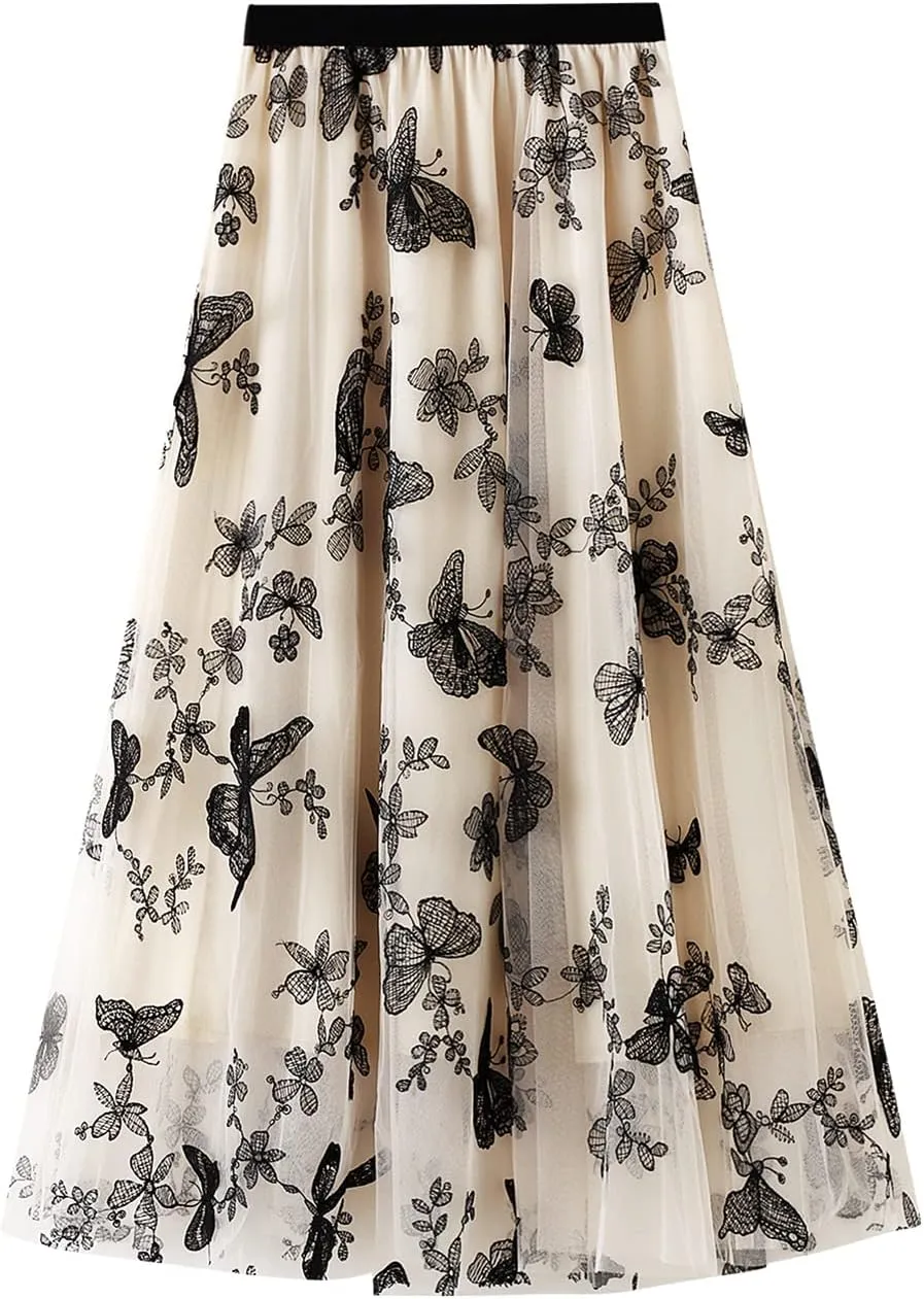Lu's Chic Women's Tulle Butterfly Skirt Tutu High Low Tea-Length Asymmetrical Elastic Waist A-line