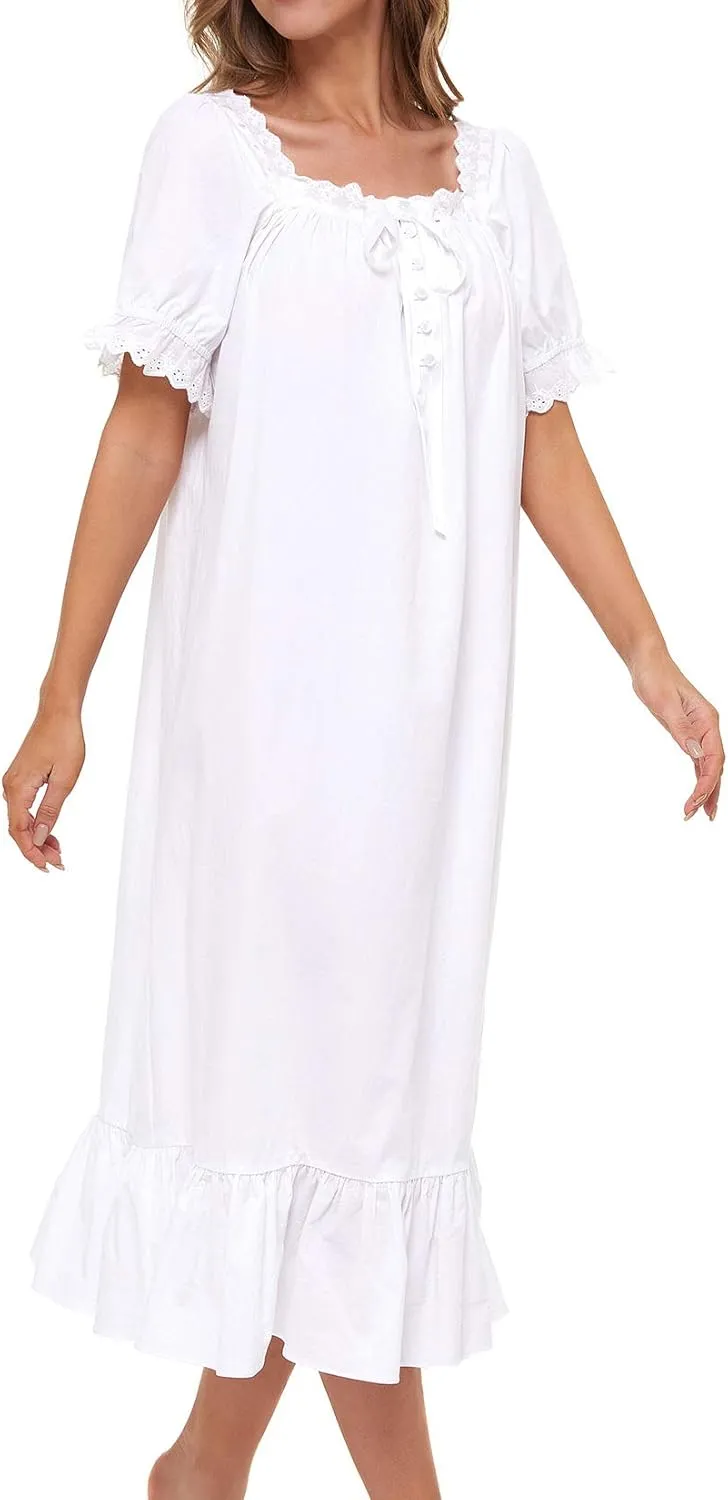 Lu's Chic Women's Victorian Nightgown Cotton Sleepwear Long Loungewear Short Sleeve Vintage