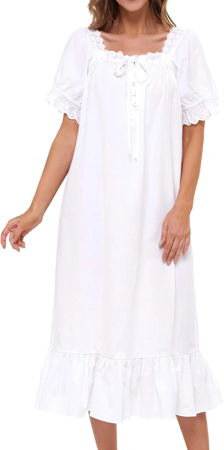 Lu's Chic Women's Victorian Nightgown Cotton Sleepwear Long Loungewear Short Sleeve Vintage