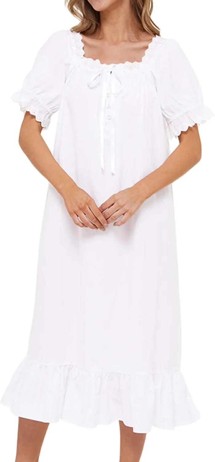 Lu's Chic Women's Victorian Nightgown Cotton Sleepwear Long Loungewear Short Sleeve Vintage