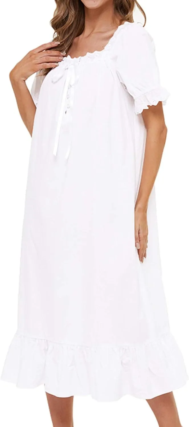 Lu's Chic Women's Victorian Nightgown Cotton Sleepwear Long Loungewear Short Sleeve Vintage