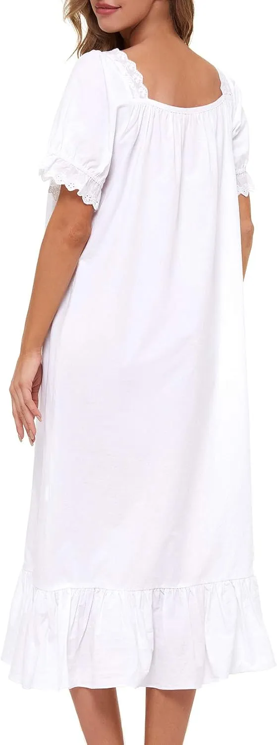 Lu's Chic Women's Victorian Nightgown Cotton Sleepwear Long Loungewear Short Sleeve Vintage