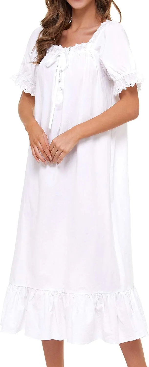 Lu's Chic Women's Victorian Nightgown Cotton Sleepwear Long Loungewear Short Sleeve Vintage