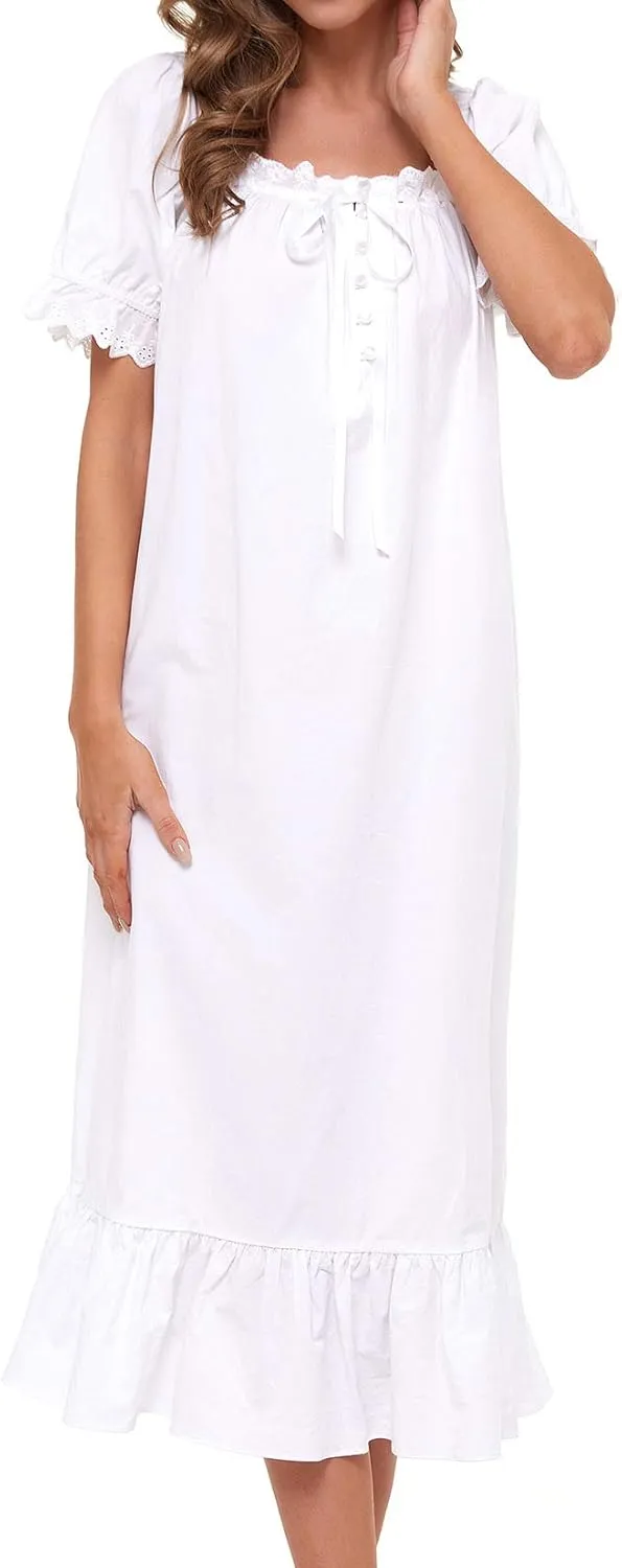 Lu's Chic Women's Victorian Nightgown Cotton Sleepwear Long Loungewear Short Sleeve Vintage