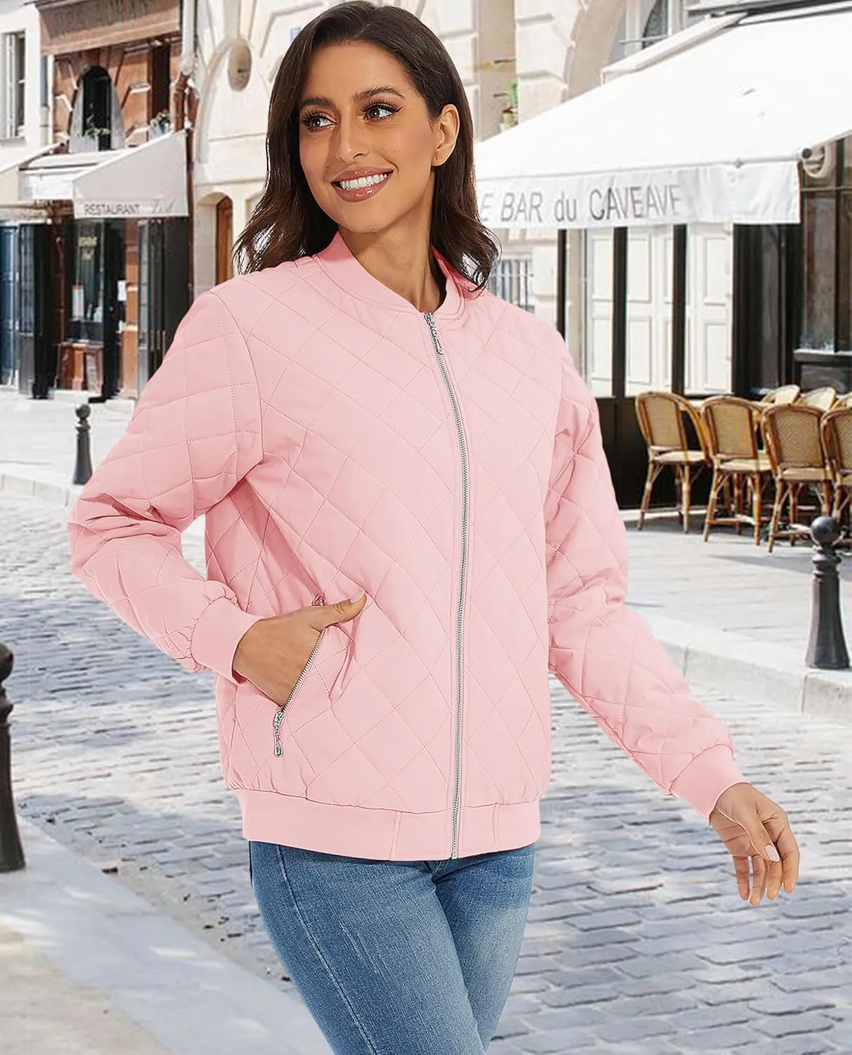 MAGCOMSEN Women's Diamond Quilted Jackets Lightweight Casual Bomber Jacket Warm Cotton Padded Coats with 2 Pockets
