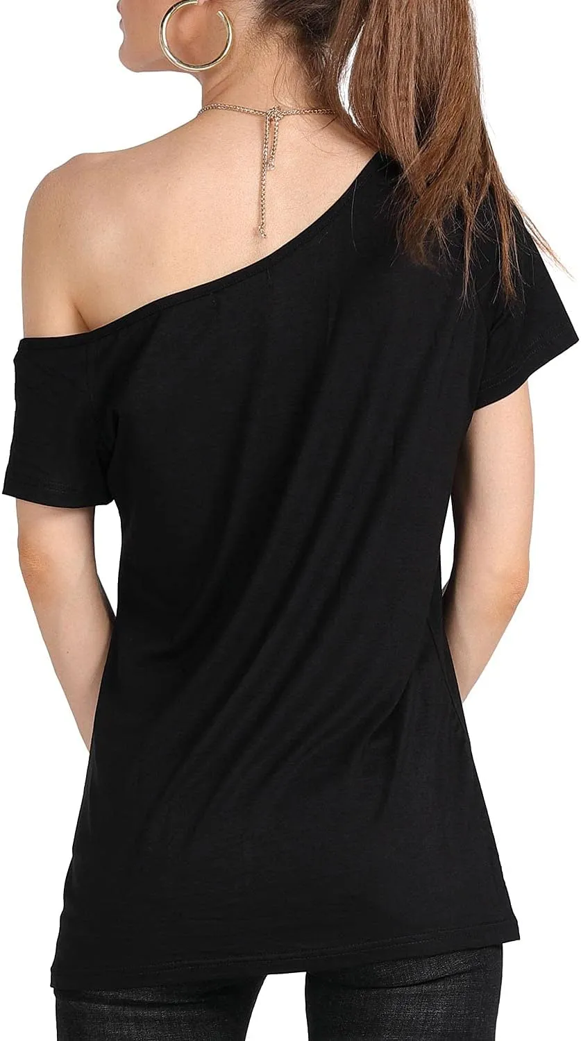 MAGICMK Womens Short Lips Print Causal Off The Shoulder Plus Size T-Shirt Tops