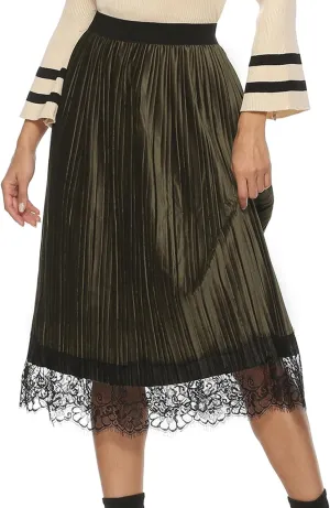 Maketina Womens Lace Trim Midi Pleated Skirts Summer High Waisted A Line Long Skirts 2024