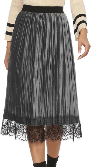 Maketina Womens Lace Trim Midi Pleated Skirts Summer High Waisted A Line Long Skirts 2024