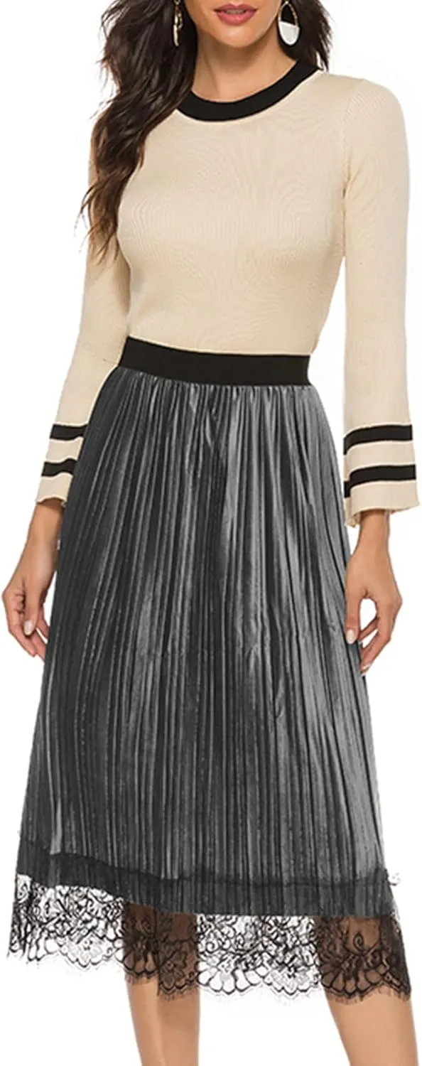 Maketina Womens Lace Trim Midi Pleated Skirts Summer High Waisted A Line Long Skirts 2024
