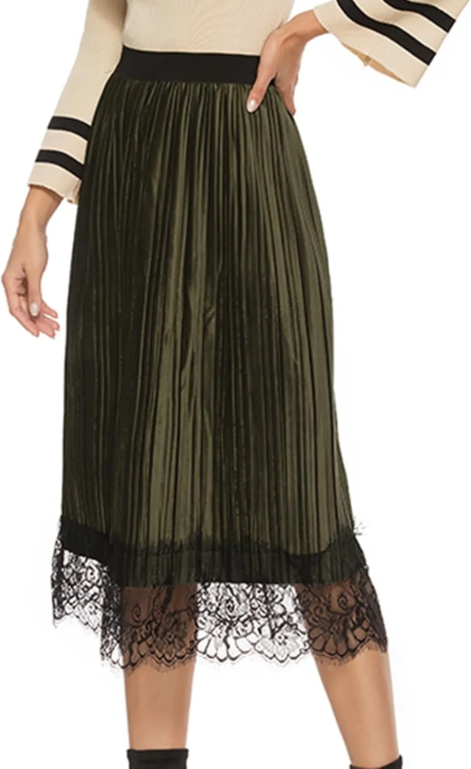 Maketina Womens Lace Trim Midi Pleated Skirts Summer High Waisted A Line Long Skirts 2024