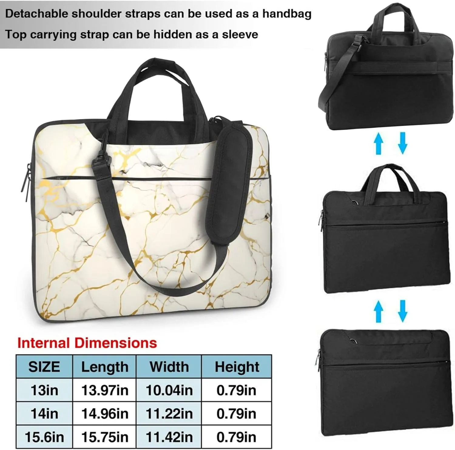 Marble Print Laptop Shoulder Bag for Women, Gold Texture Laptop Sleeve Case Durable Computer Bag