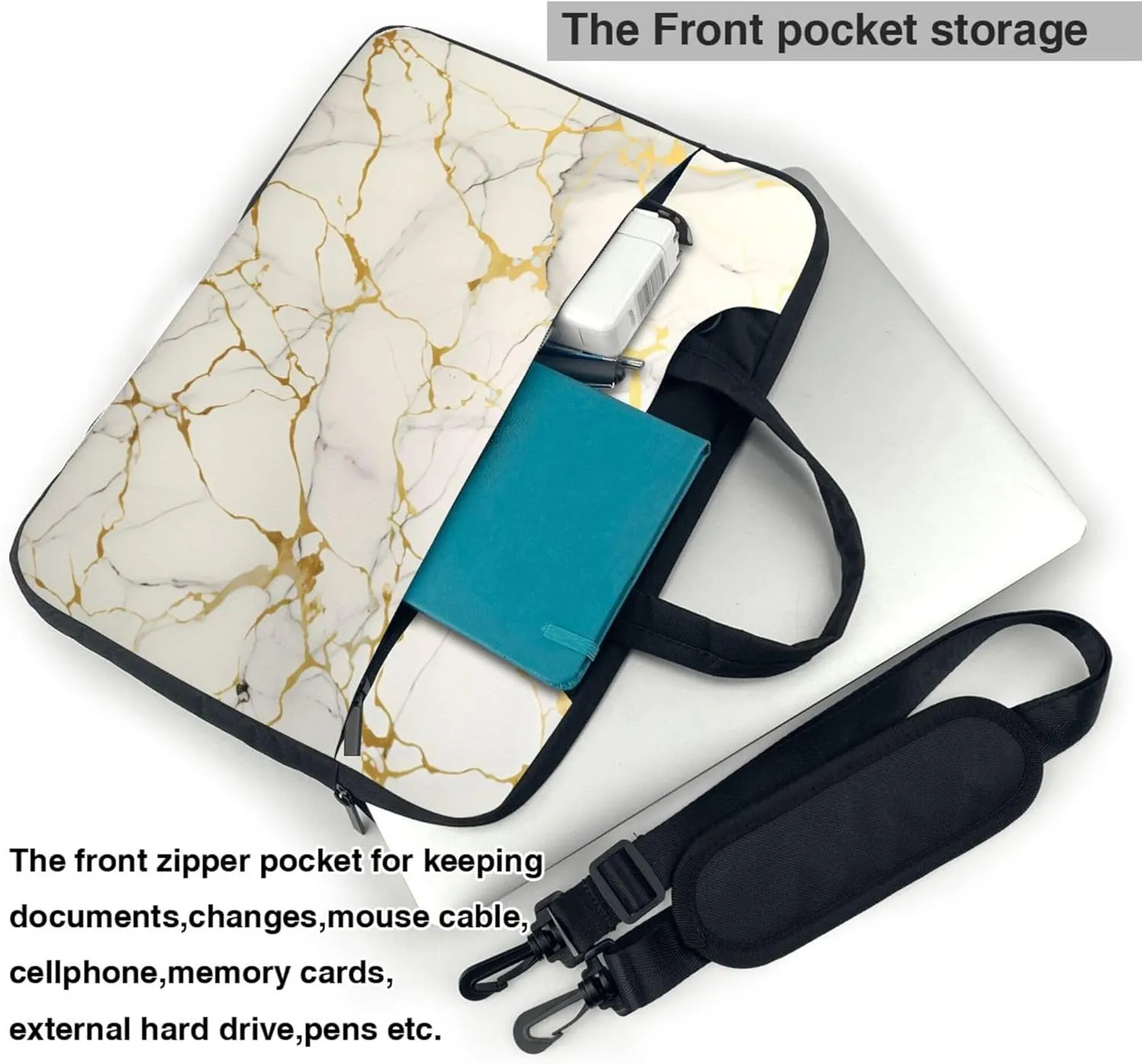 Marble Print Laptop Shoulder Bag for Women, Gold Texture Laptop Sleeve Case Durable Computer Bag