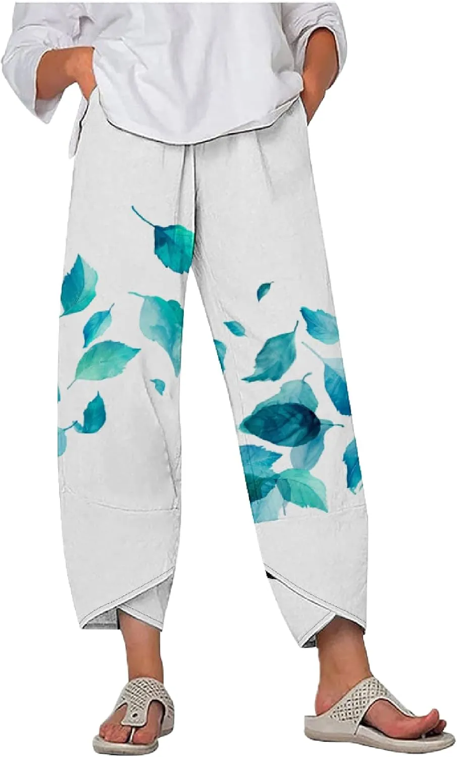 MARSVOVO Capri Pants for Women 2024 Summer Cotton Linen Hawaiian Leaf Print Baggy Wide Leg Cropped Pants with Pockets