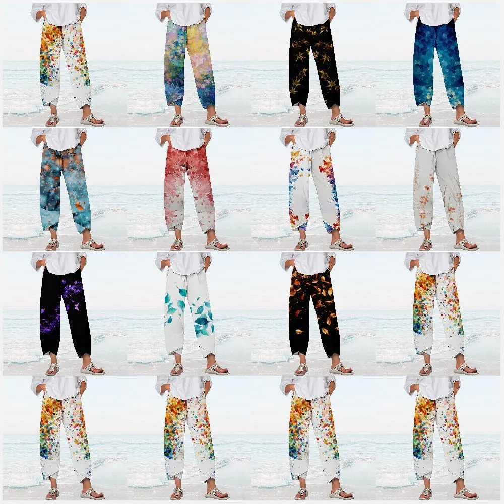 MARSVOVO Capri Pants for Women 2024 Summer Cotton Linen Hawaiian Leaf Print Baggy Wide Leg Cropped Pants with Pockets