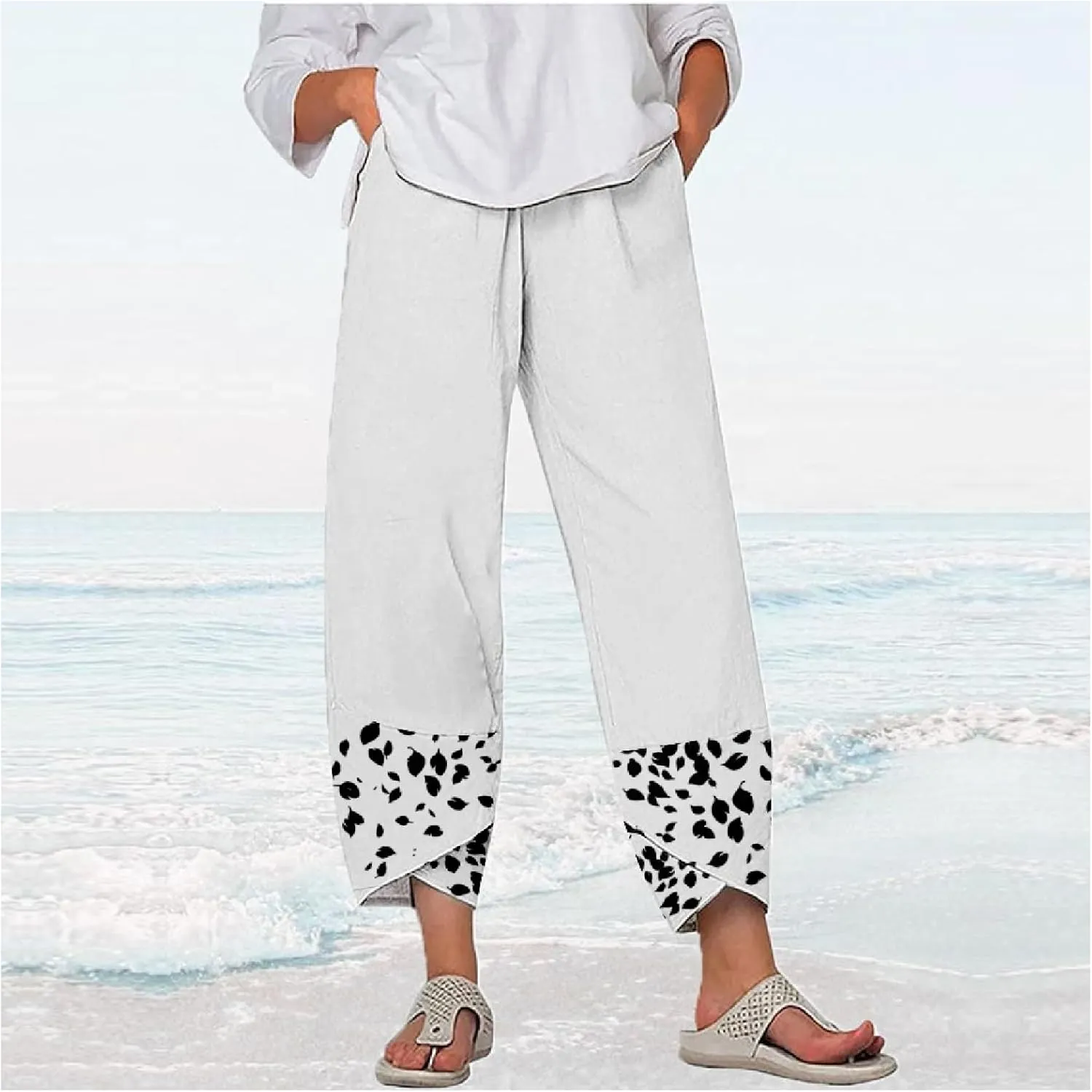 MARSVOVO Capri Pants for Women 2024 Summer Cotton Linen Hawaiian Leaf Print Baggy Wide Leg Cropped Pants with Pockets