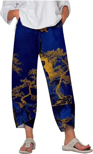 MARSVOVO Capri Pants for Women 2024 Summer Cotton Linen Hawaiian Leaf Print Baggy Wide Leg Cropped Pants with Pockets