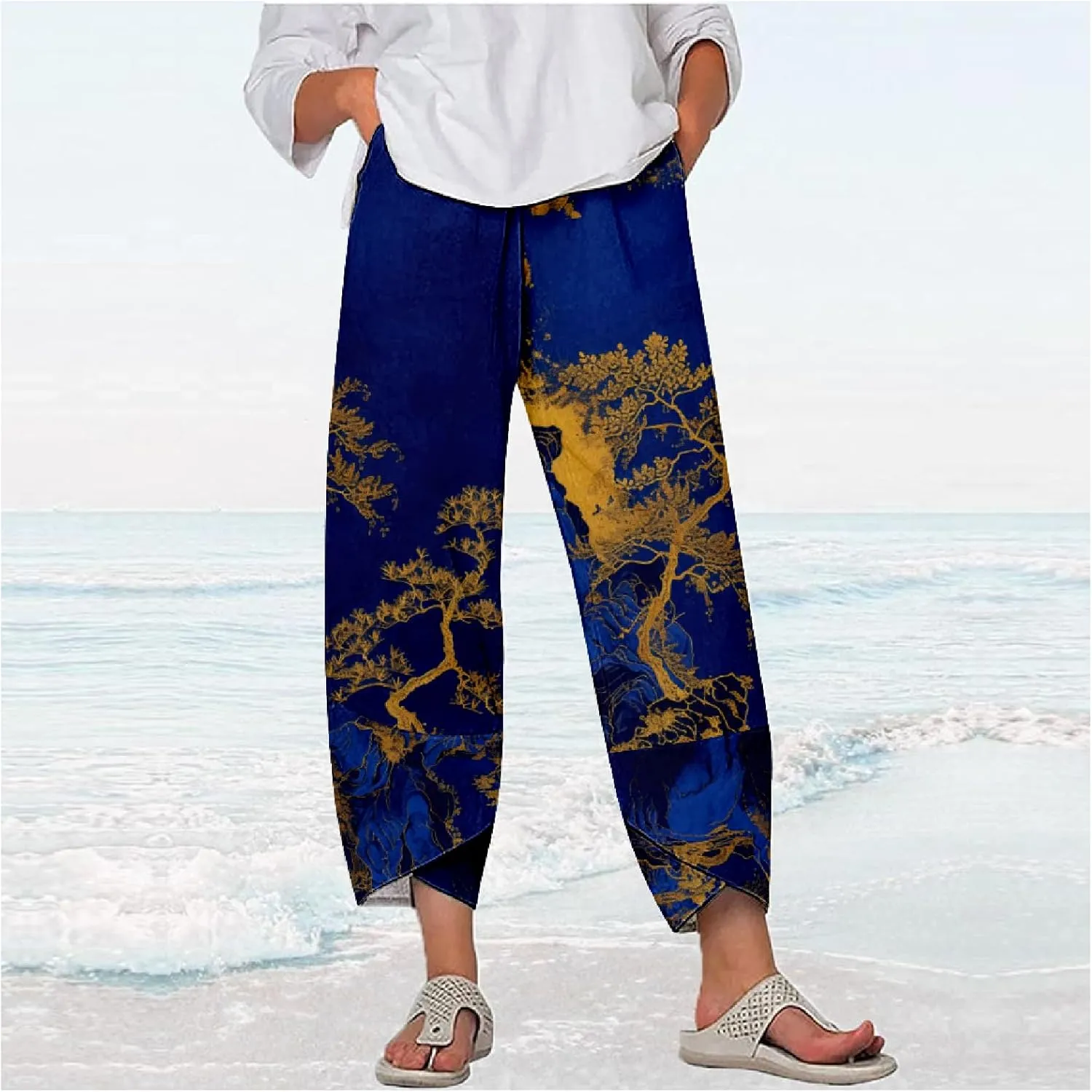 MARSVOVO Capri Pants for Women 2024 Summer Cotton Linen Hawaiian Leaf Print Baggy Wide Leg Cropped Pants with Pockets