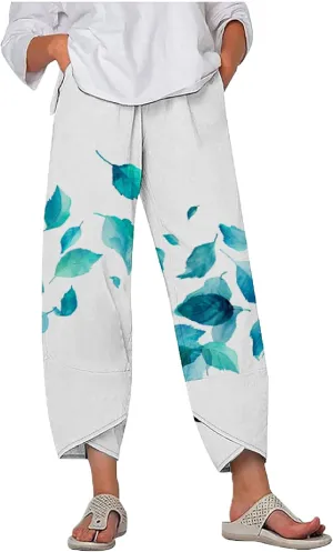 MARSVOVO Capri Pants for Women 2024 Summer Cotton Linen Hawaiian Leaf Print Baggy Wide Leg Cropped Pants with Pockets