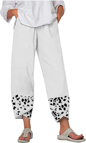 MARSVOVO Capri Pants for Women 2024 Summer Cotton Linen Hawaiian Leaf Print Baggy Wide Leg Cropped Pants with Pockets