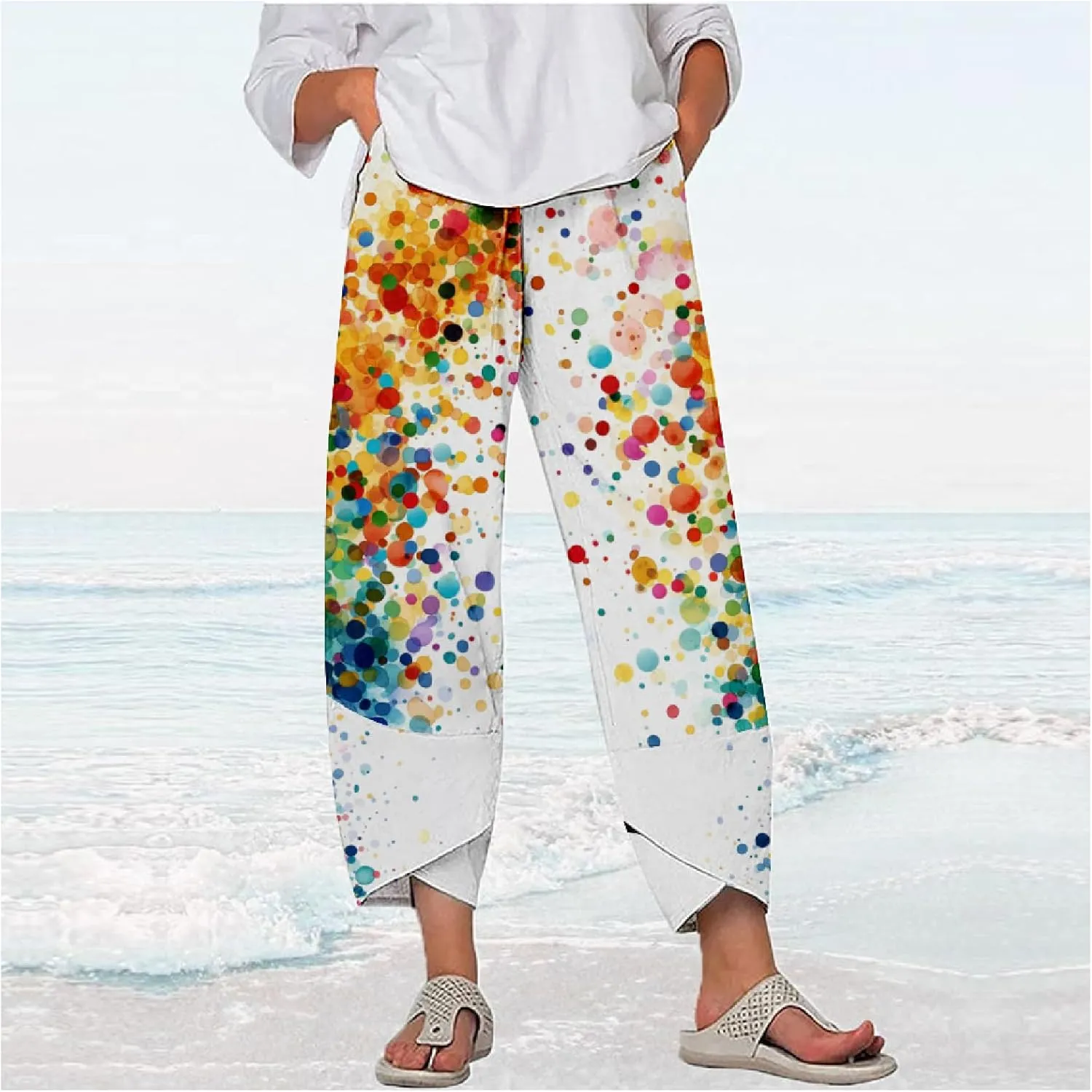 MARSVOVO Capri Pants for Women 2024 Summer Cotton Linen Hawaiian Leaf Print Baggy Wide Leg Cropped Pants with Pockets
