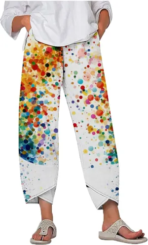 MARSVOVO Capri Pants for Women 2024 Summer Cotton Linen Hawaiian Leaf Print Baggy Wide Leg Cropped Pants with Pockets