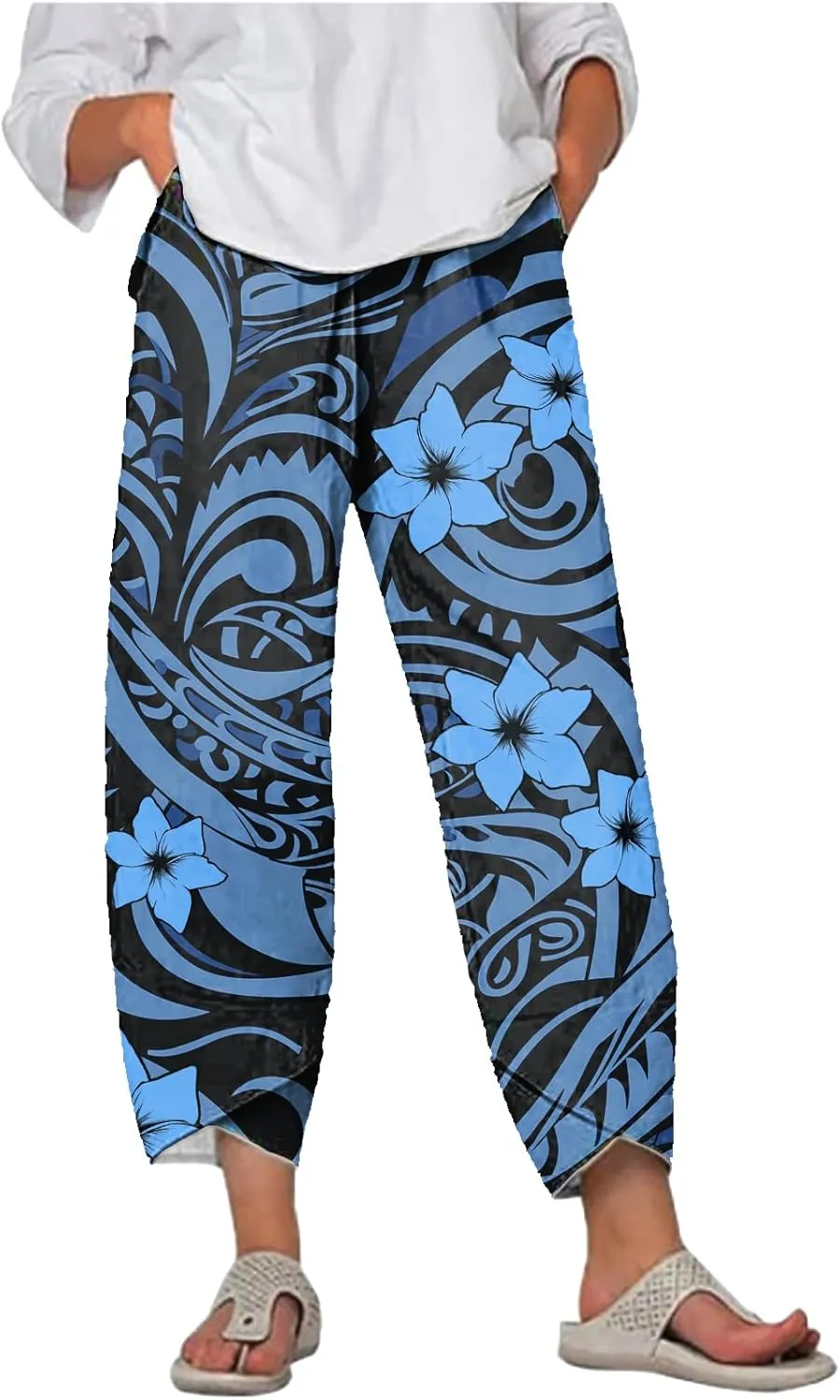 MARSVOVO Capri Pants for Women Summer Fashion Patchwork Cropped Comfy Wide Leg Baggy Trouser Palazzo Pants with Pockets