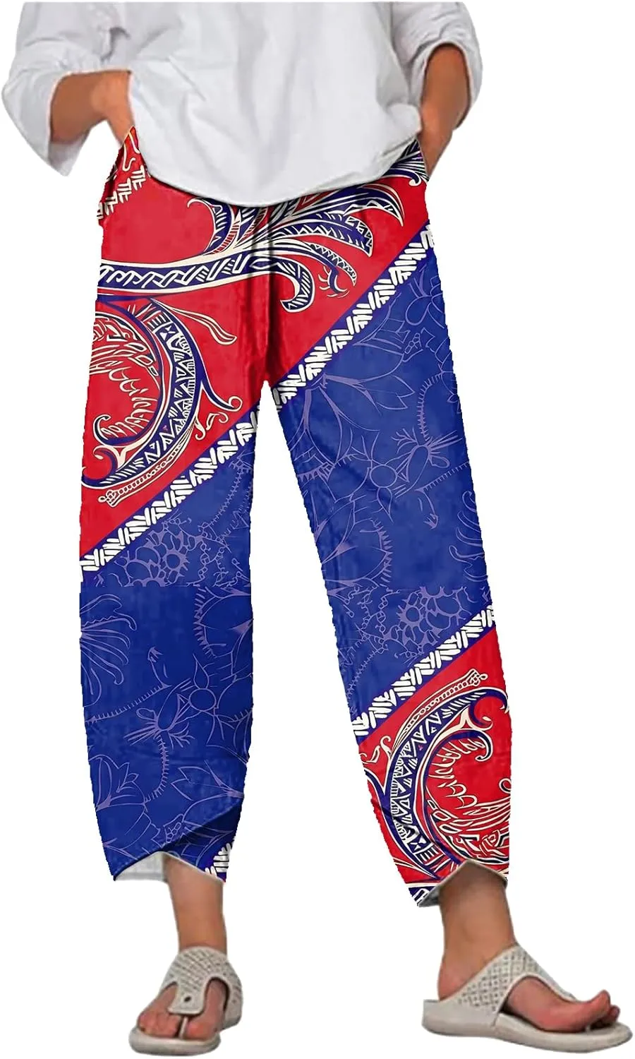 MARSVOVO Capri Pants for Women Summer Fashion Patchwork Cropped Comfy Wide Leg Baggy Trouser Palazzo Pants with Pockets