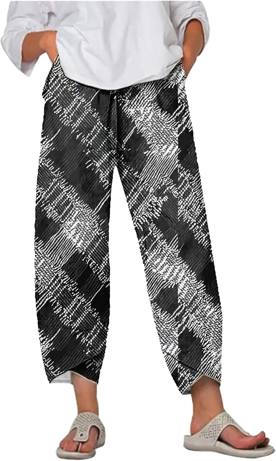 MARSVOVO Capri Pants for Women Summer Fashion Patchwork Cropped Comfy Wide Leg Baggy Trouser Palazzo Pants with Pockets