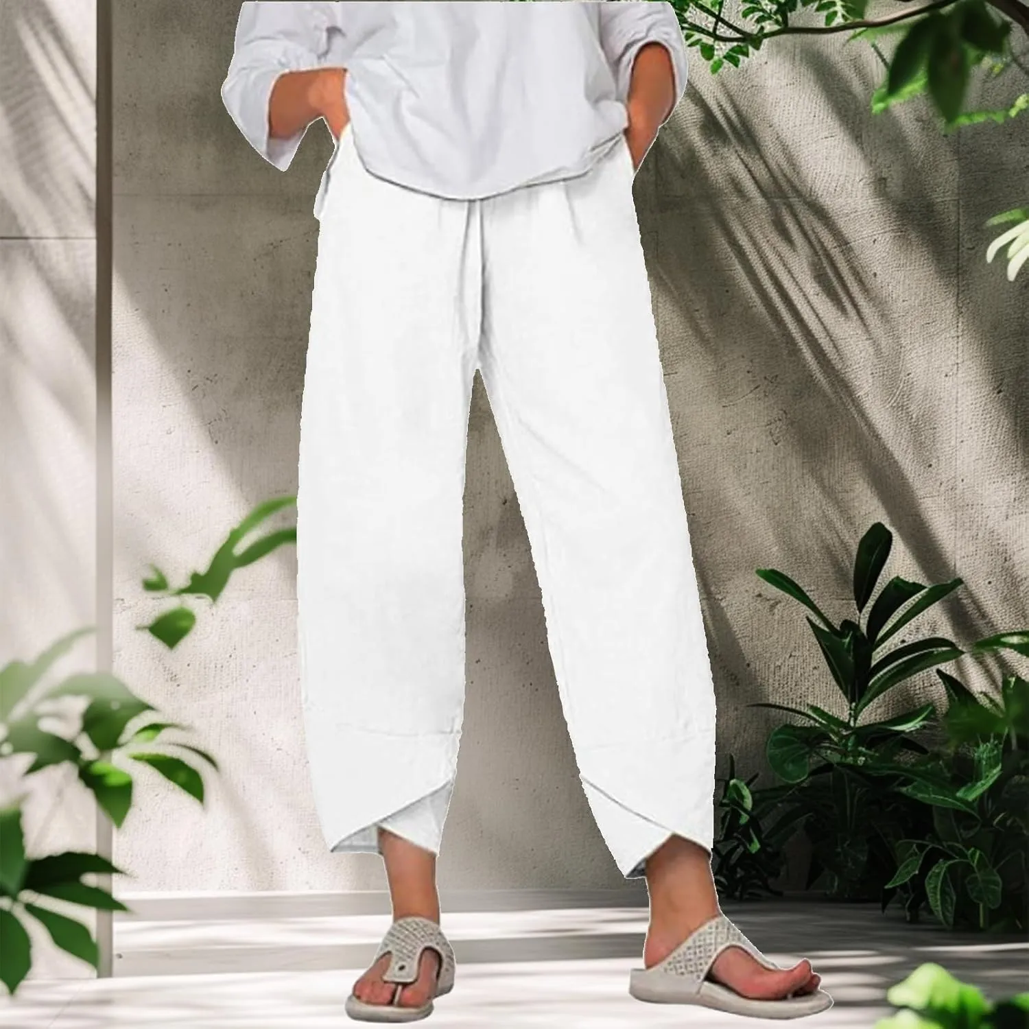 MARSVOVO Capri Pants for Women Summer Fashion Patchwork Cropped Comfy Wide Leg Baggy Trouser Palazzo Pants with Pockets