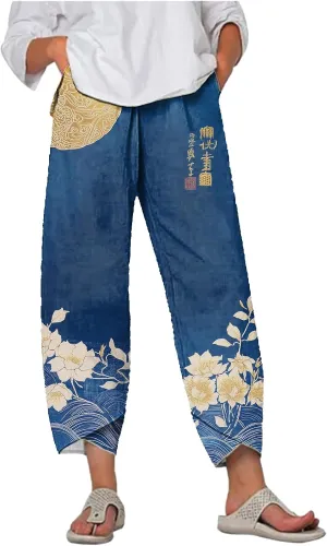 MARSVOVO Capri Pants for Women Summer Fashion Patchwork Cropped Comfy Wide Leg Baggy Trouser Palazzo Pants with Pockets