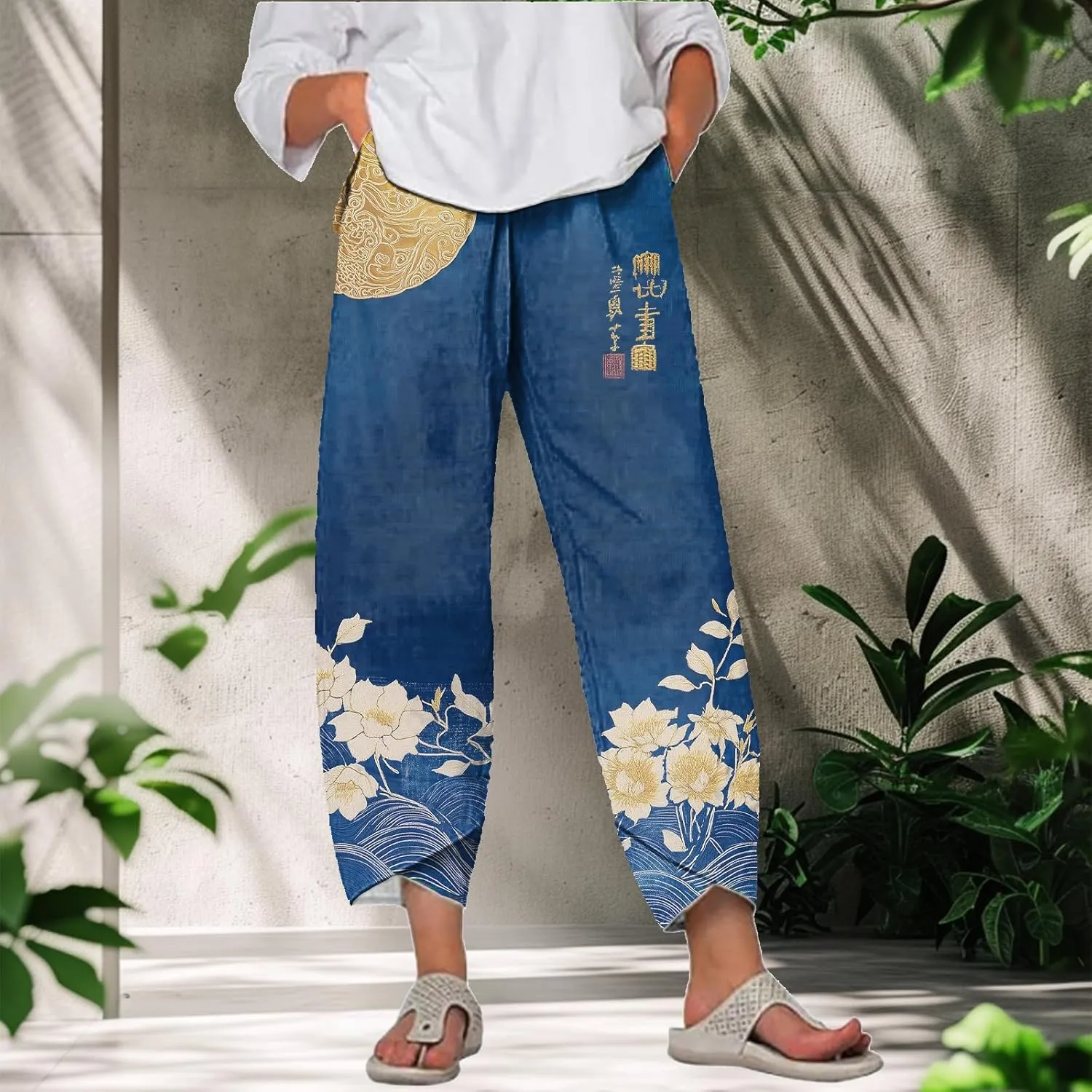 MARSVOVO Capri Pants for Women Summer Fashion Patchwork Cropped Comfy Wide Leg Baggy Trouser Palazzo Pants with Pockets