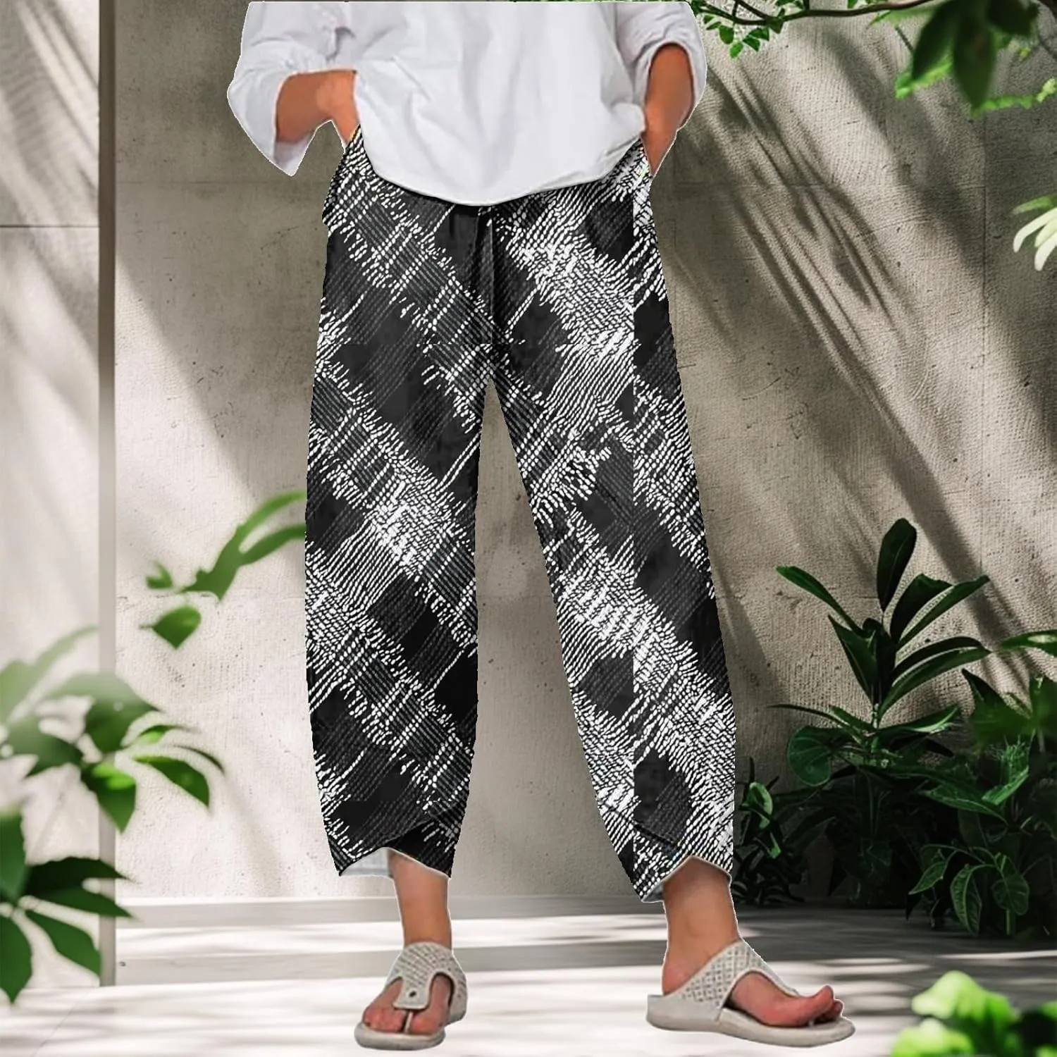 MARSVOVO Capri Pants for Women Summer Fashion Patchwork Cropped Comfy Wide Leg Baggy Trouser Palazzo Pants with Pockets