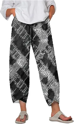 MARSVOVO Capri Pants for Women Summer Fashion Patchwork Cropped Comfy Wide Leg Baggy Trouser Palazzo Pants with Pockets