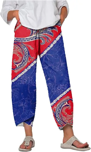 MARSVOVO Capri Pants for Women Summer Fashion Patchwork Cropped Comfy Wide Leg Baggy Trouser Palazzo Pants with Pockets