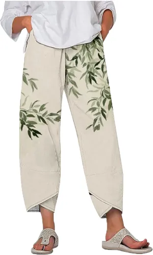MARSVOVO Plus Size Capri Pants for Women 2024 Summer Beach Cotton Linen Wide Leg High Waist Baggy Trousers with Pockets