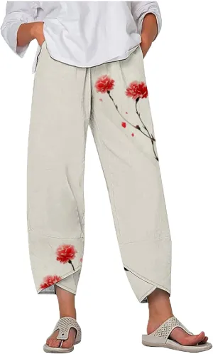 MARSVOVO Plus Size Capri Pants for Women 2024 Summer Beach Cotton Linen Wide Leg High Waist Baggy Trousers with Pockets