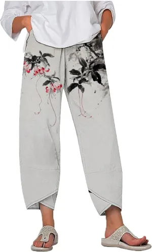 MARSVOVO Plus Size Capri Pants for Women 2024 Summer Beach Cotton Linen Wide Leg High Waist Baggy Trousers with Pockets