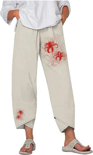 MARSVOVO Plus Size Capri Pants for Women 2024 Summer Beach Cotton Linen Wide Leg High Waist Baggy Trousers with Pockets