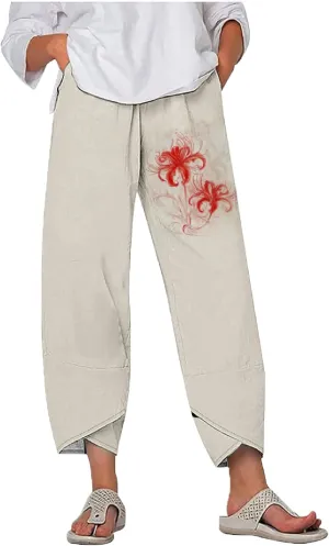 MARSVOVO Plus Size Capri Pants for Women 2024 Summer Beach Cotton Linen Wide Leg High Waist Baggy Trousers with Pockets