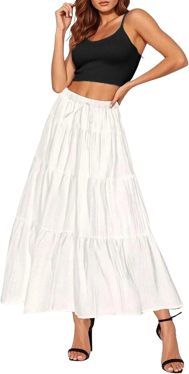 Maxi Skirt for Women Summer Elegant Trendy Drawstring High Waist Flowy Boho Pleated Tiered A Line Beach Long Skirts