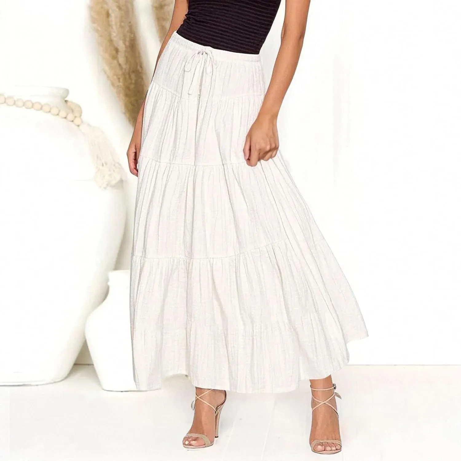 Maxi Skirt for Women Summer Elegant Trendy Drawstring High Waist Flowy Boho Pleated Tiered A Line Beach Long Skirts