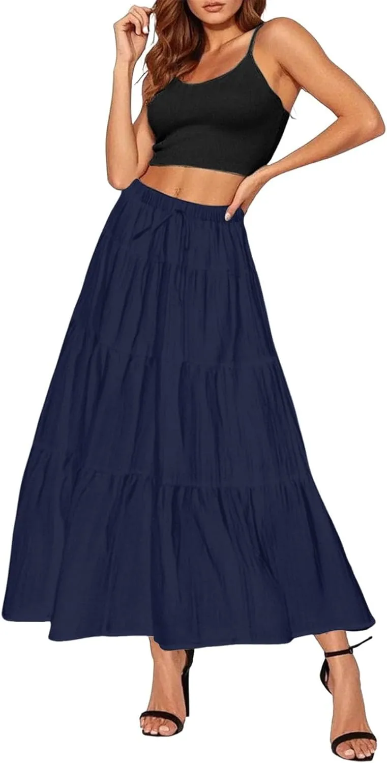 Maxi Skirt for Women Summer Elegant Trendy Drawstring High Waist Flowy Boho Pleated Tiered A Line Beach Long Skirts