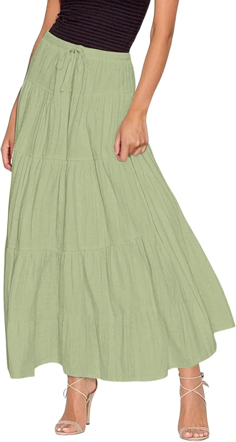 Maxi Skirt for Women Summer Elegant Trendy Drawstring High Waist Flowy Boho Pleated Tiered A Line Beach Long Skirts