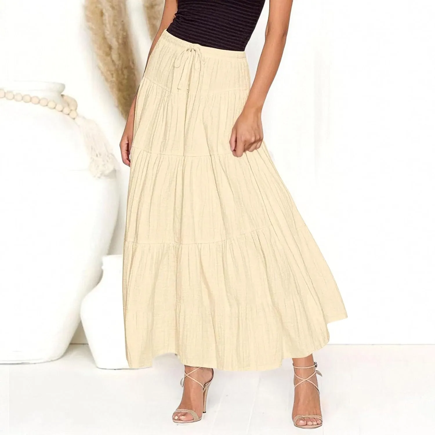 Maxi Skirt for Women Summer Elegant Trendy Drawstring High Waist Flowy Boho Pleated Tiered A Line Beach Long Skirts