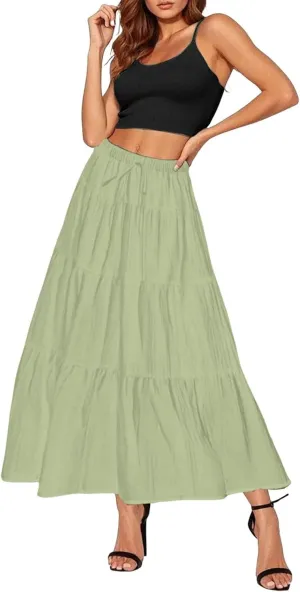 Maxi Skirt for Women Summer Elegant Trendy Drawstring High Waist Flowy Boho Pleated Tiered A Line Beach Long Skirts