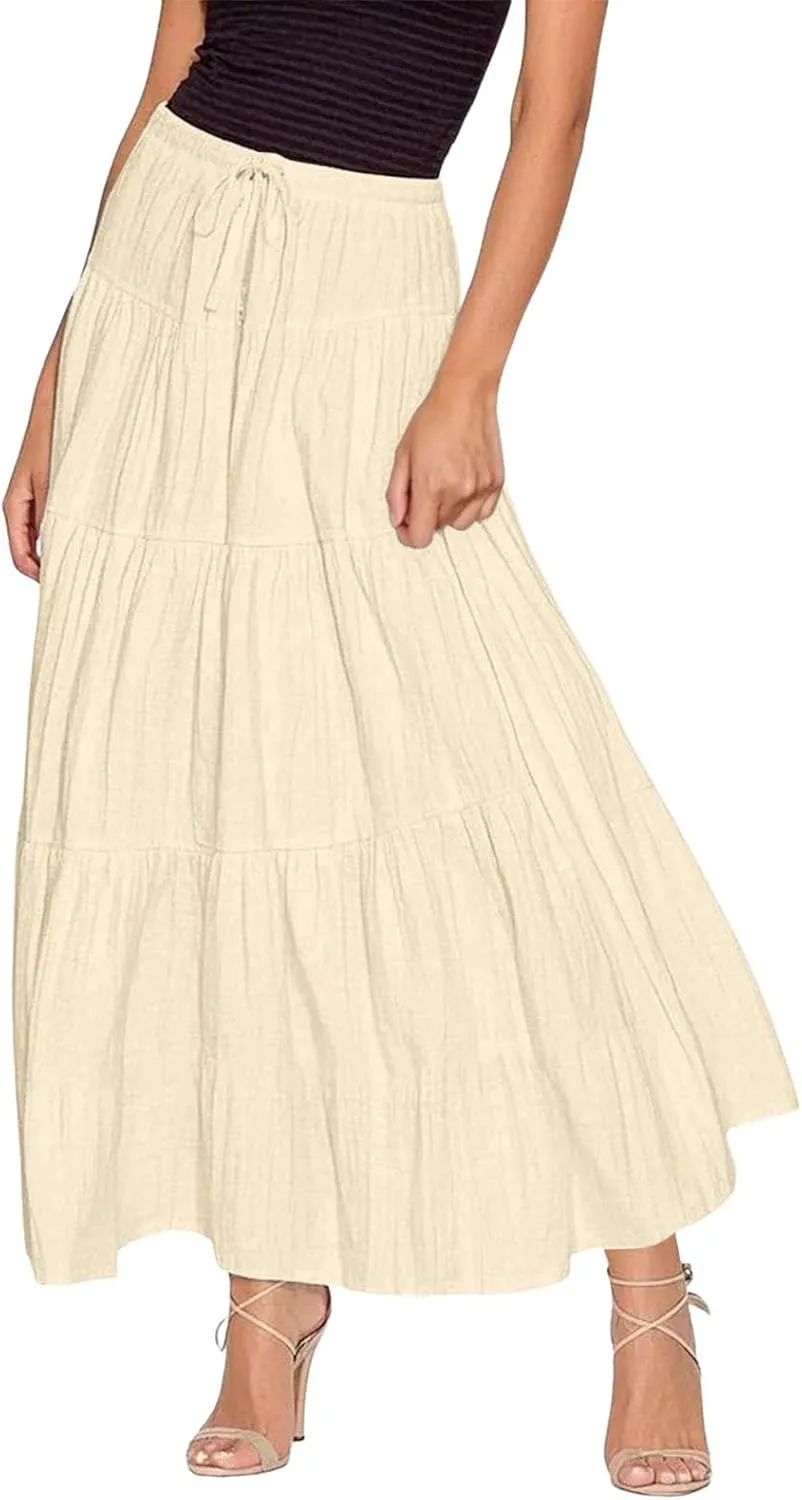 Maxi Skirt for Women Summer Elegant Trendy Drawstring High Waist Flowy Boho Pleated Tiered A Line Beach Long Skirts
