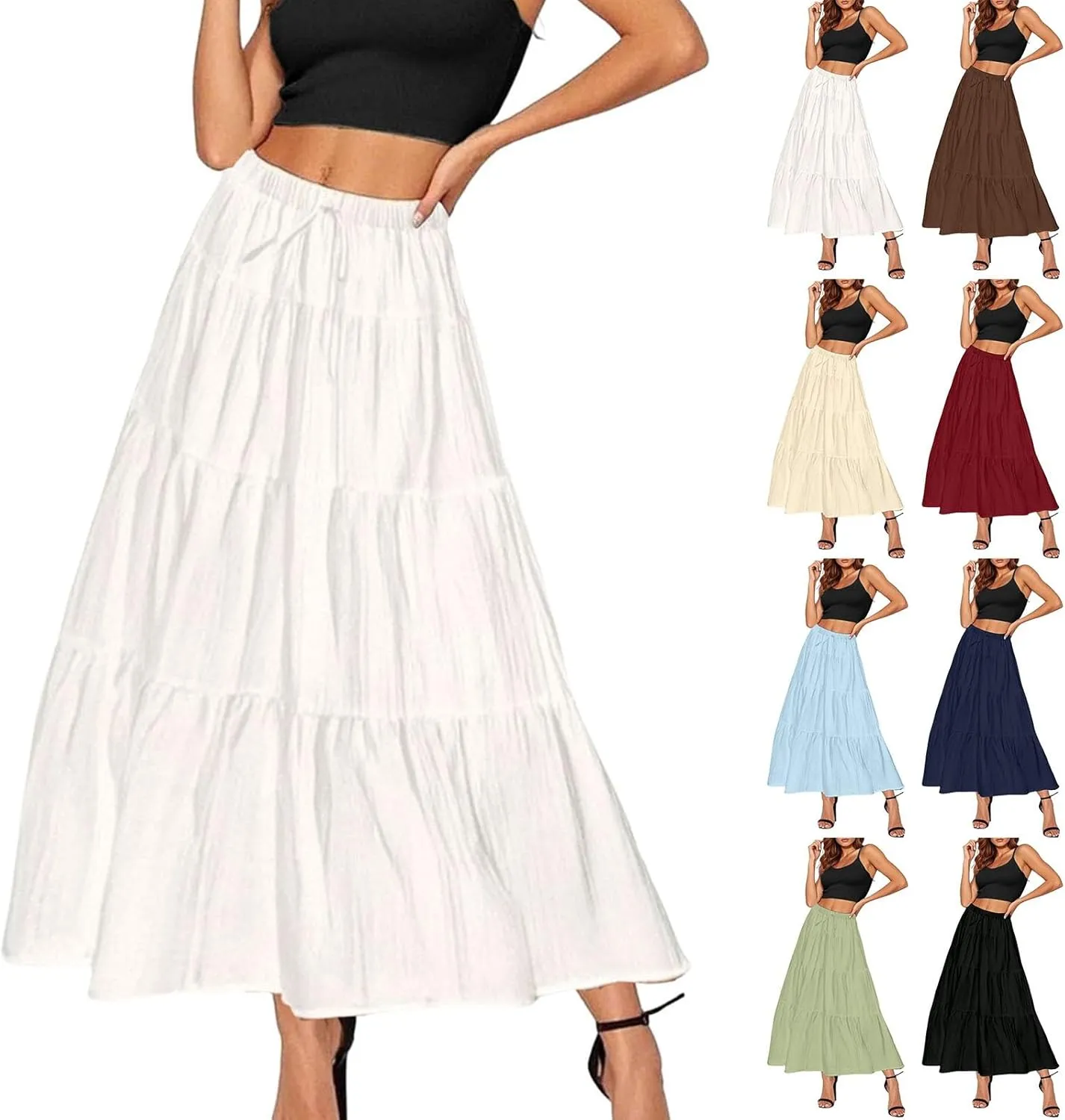 Maxi Skirt for Women Summer Elegant Trendy Drawstring High Waist Flowy Boho Pleated Tiered A Line Beach Long Skirts
