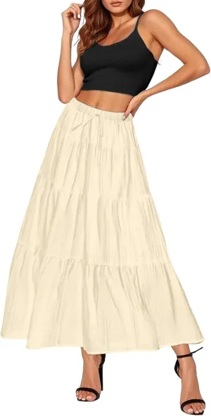 Maxi Skirt for Women Summer Elegant Trendy Drawstring High Waist Flowy Boho Pleated Tiered A Line Beach Long Skirts
